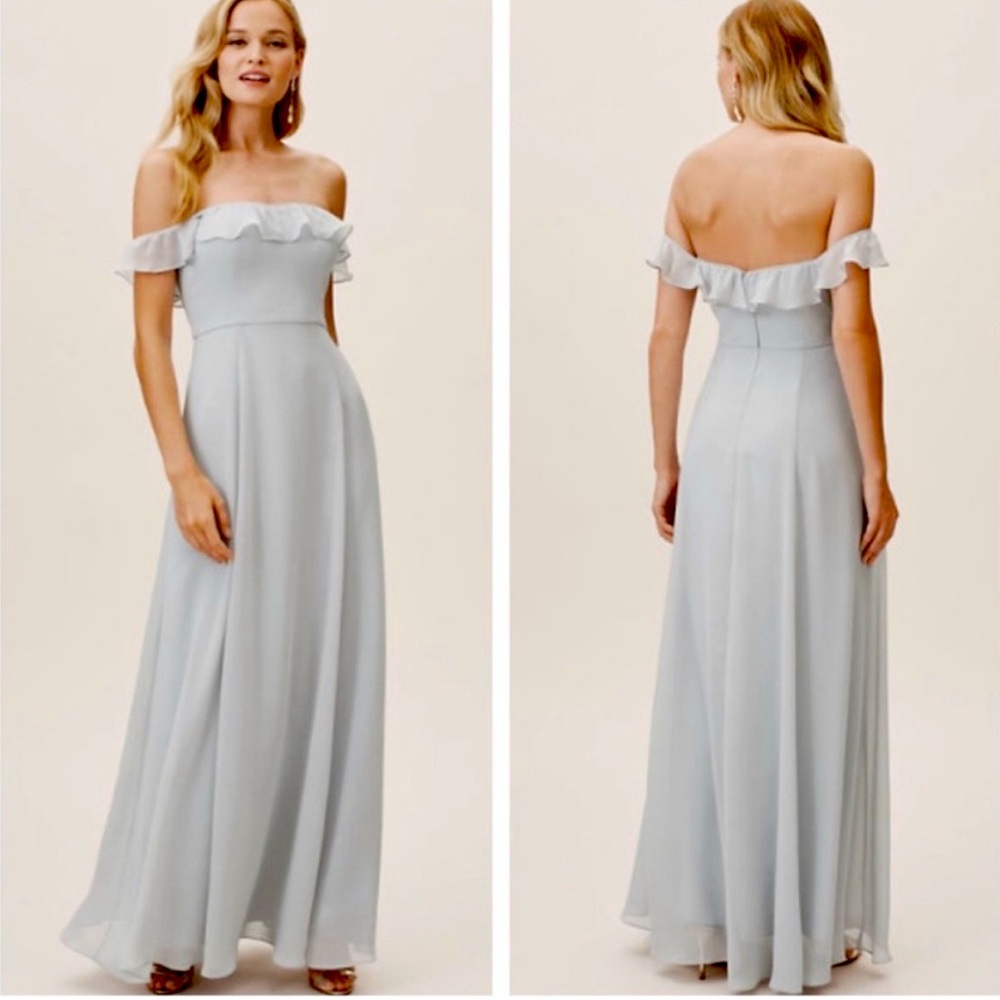 BHLDN Macau Chiffon Off Shoulder Formal Maxi‎ Dress Blue Fog 18 NWOT Prom HoCo